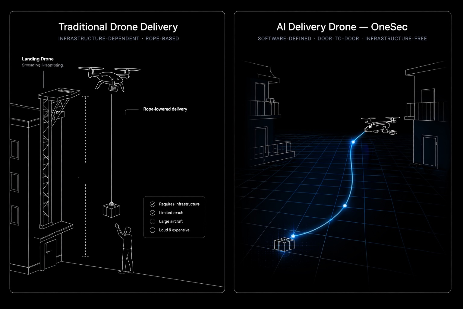 Traditional drone delivery versus AI delivery drone comparison. Traditional drones require landing towers and ropes. OneSec flies door-to-door using computer vision.
